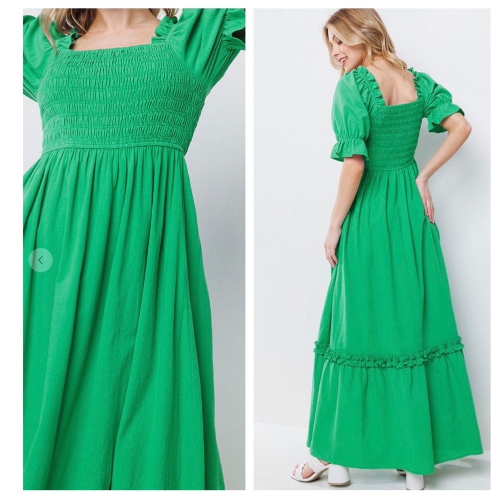 Boho Beautiful Linen Cotton Solid Smoking Detail Long Dress - Picture 4 of 5